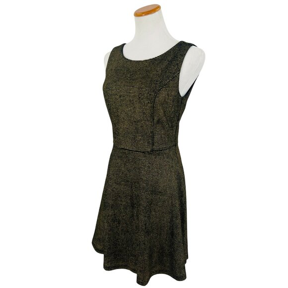Vtg Anthropologie Black Gold Tweed Fit & Flare Dress | A-Line Skater Corpcore Lg - Picture 8 of 16